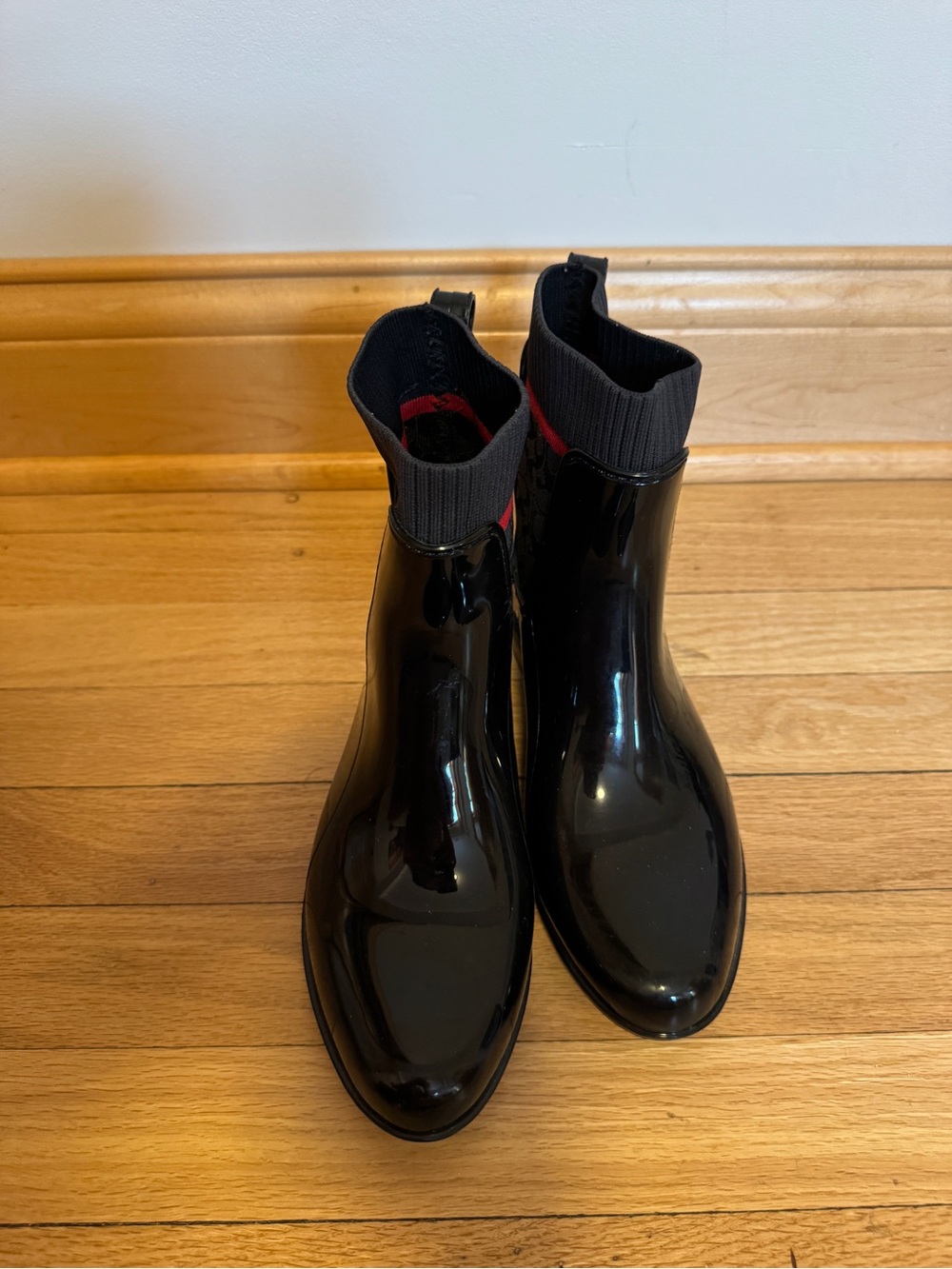 Coach Black Patent Rain Chelsea Boots with Red Accent - Picture 5 of 7